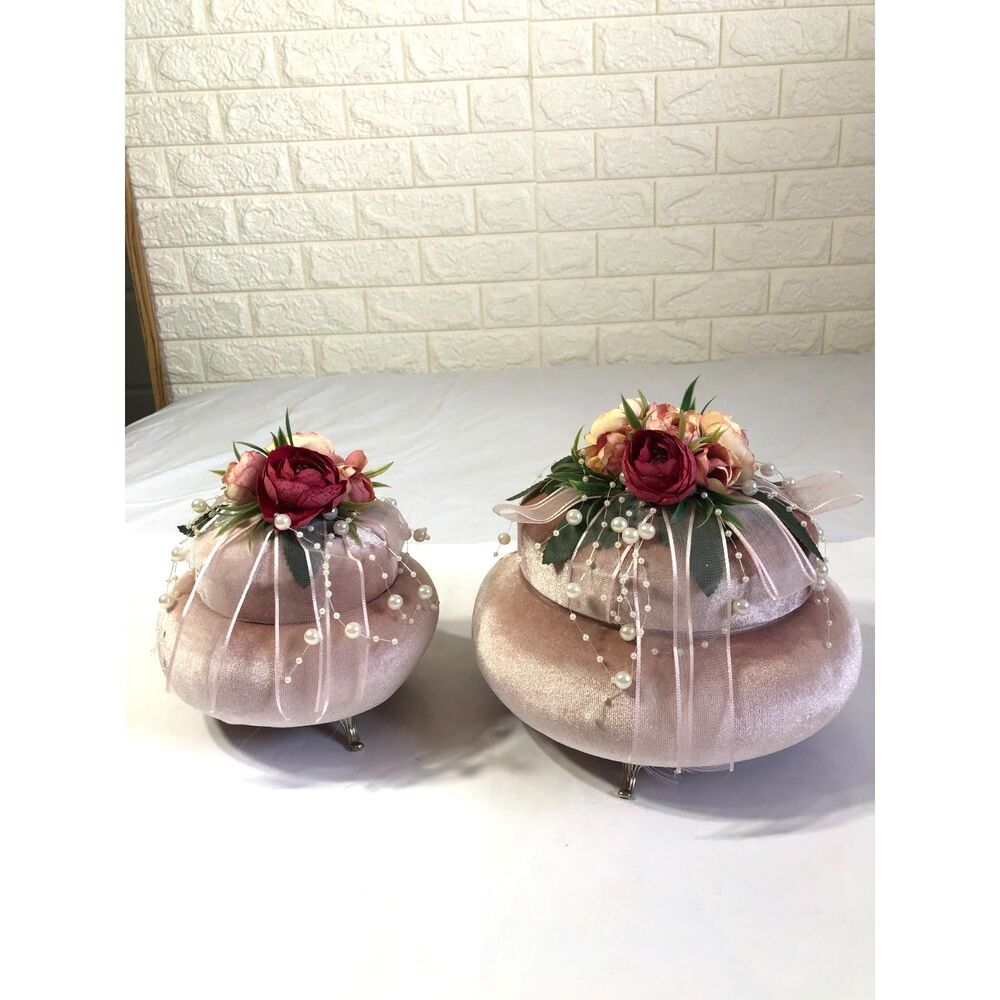 NWOT Velvet Jewelry Trinket Box Set Pink Floral Pearl Wedding Gift Decor 8x7 6x6